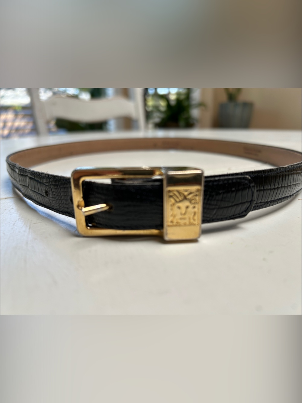 Anne Klein Black Croc-Embossed Genuine Leather Belt with Gold Buckle